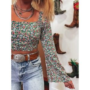POL Floral Crop Smocked Top Crop Long Bell Sleeves Easter Spring Boho‎ Colorful